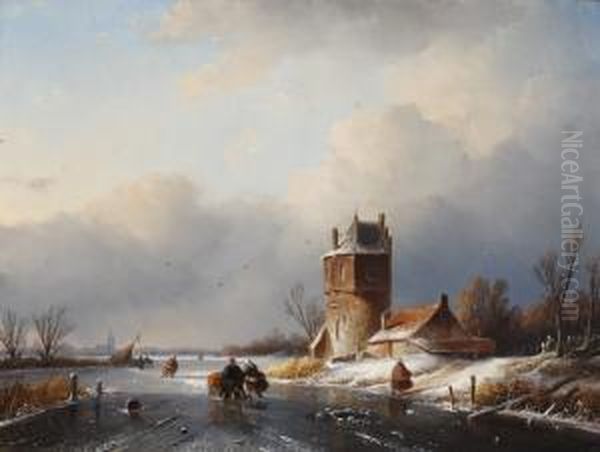 Winter Landscape With Ice Skaters Oil Painting by Jan Jacob Coenraad Spohler