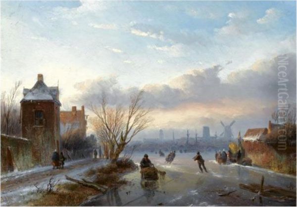 Skaters Near A 'koek En Zopie', A Dutch Town In The Distance Oil Painting by Jan Jacob Coenraad Spohler