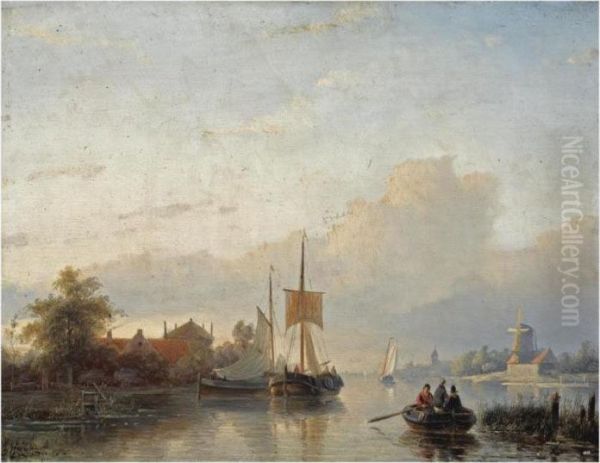 Shipping On A River Oil Painting by Jan Jacob Coenraad Spohler