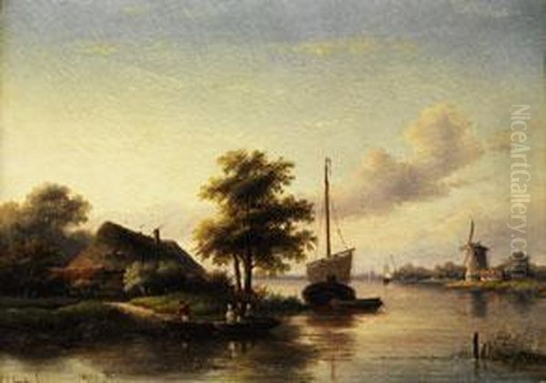 Hollandische Flusslandschaft Mit
 Strohgedeckter Kate, Windmuhle, Segelschiffen Und Fahrkahn Oil Painting by Jan Jacob Coenraad Spohler