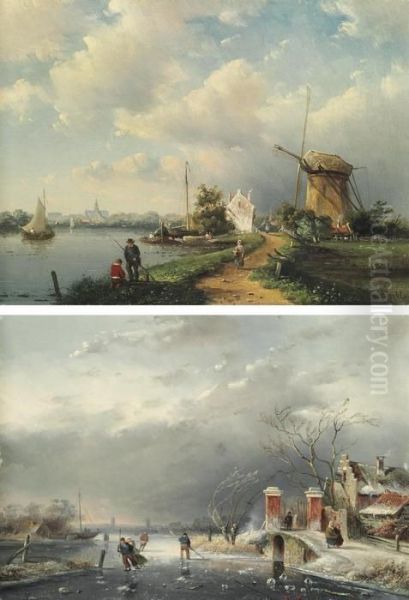 A Summer Landscape; And A Winter Landscape Oil Painting by Jan Jacob Coenraad Spohler