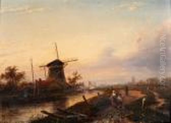 Zomerlandschap Met Wandelaars Langs Poldervaart Oil Painting by Jan Jacob Coenraad Spohler