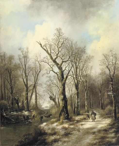 Woodgatherers On The Ice Oil Painting by Jan Jacob Coenraad Spohler