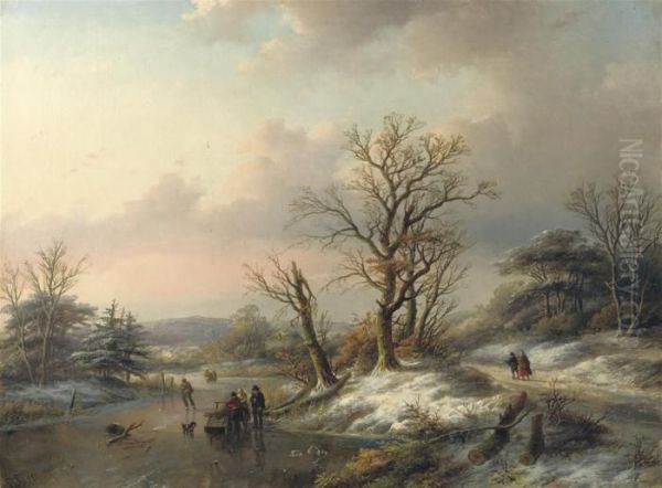 Woodgatherers On The Ice Oil Painting by Jan Jacob Coenraad Spohler