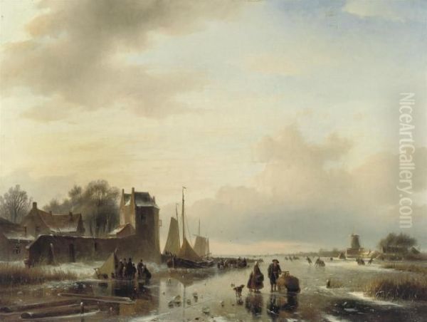 A Busy Day On The Ice Oil Painting by Jan Jacob Coenraad Spohler