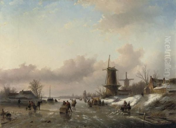 Figures On The Ice With A Koek-en-zopie And Windmills Oil Painting by Jan Jacob Coenraad Spohler