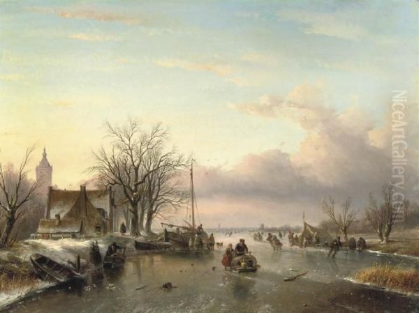 A Late Afternoon On The Ice Oil Painting by Jan Jacob Coenraad Spohler