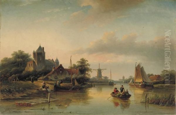 Activities On A Dutch River With A Windmill In The Distance Oil Painting by Jan Jacob Coenraad Spohler