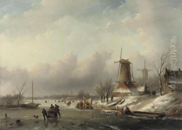 A Winter's Day Oil Painting by Jan Jacob Coenraad Spohler