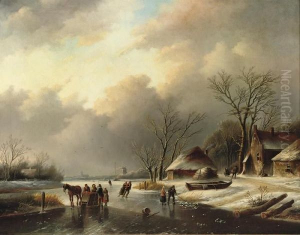 Icefishing On A Cold Winter's Day Oil Painting by Jan Jacob Coenraad Spohler