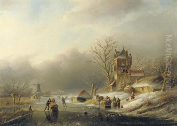 A Busy Day On The Ice Oil Painting by Jan Jacob Coenraad Spohler