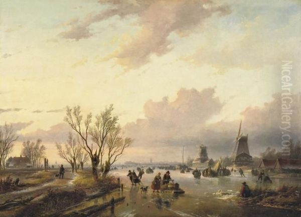 Leisure Time On The Ice At Sunset Oil Painting by Jan Jacob Coenraad Spohler