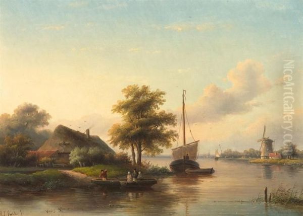 River Lanscape With Cottage, Ships And Windmill Oil Painting by Jan Jacob Coenraad Spohler