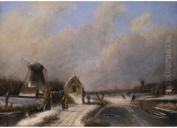 Hollandische Winterlandschaft Mit Schlittschuhlaufern Und Windmuhlen Oil Painting by Jan Jacob Coenraad Spohler