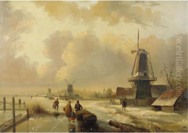 Skaters On A Frozen Canal Oil Painting by Jan Jacob Coenraad Spohler