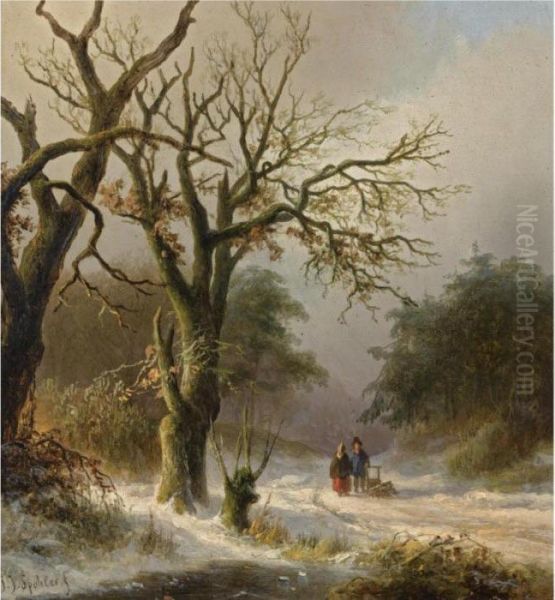 Travellers On A Snow Covered Forest Path Oil Painting by Jan Jacob Coenraad Spohler