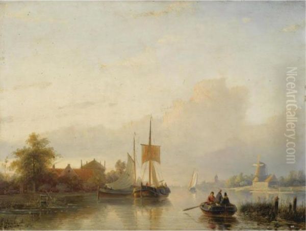 Figures In A Sunny River Landscape Oil Painting by Jan Jacob Coenraad Spohler