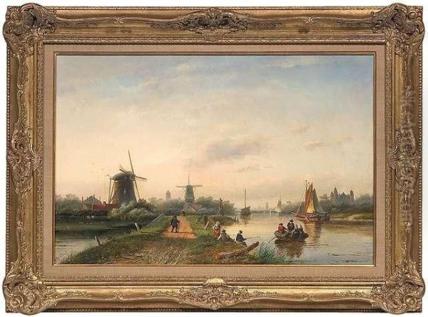 Dutch Canallandscape At Sunset Ligh Oil Painting by Jan Jacob Coenraad Spohler