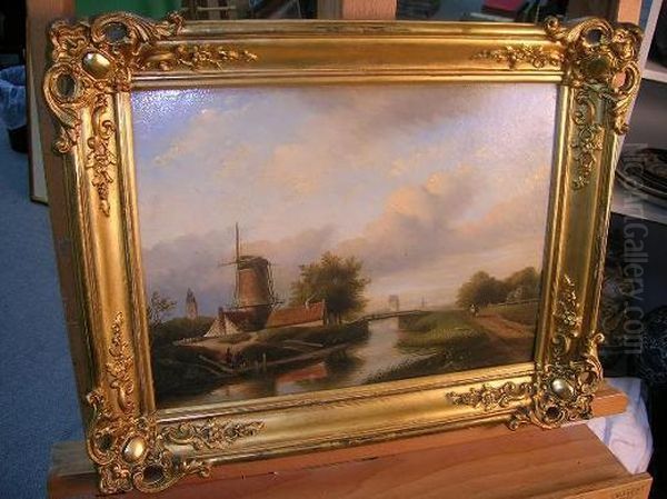 A Windmill By A River Oil Painting by Jan Jacob Coenraad Spohler