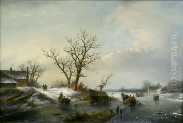 Winter Scene With Skaters Oil Painting by Jan Jacob Coenraad Spohler