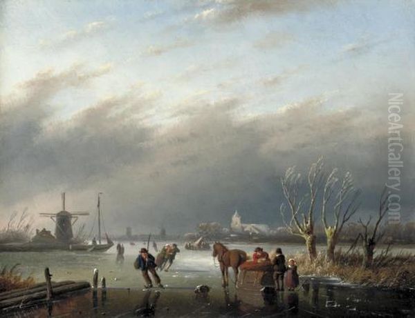 Skaters On A Frozen Estuary Oil Painting by Jan Jacob Coenraad Spohler