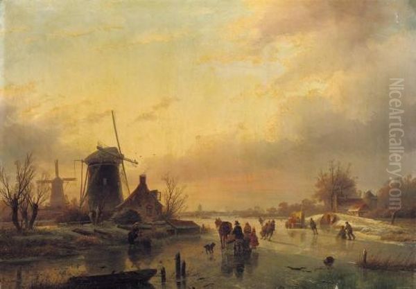 Skaters On The Ice With A 'koek And Zopie' Beyond At Sunset Oil Painting by Jan Jacob Coenraad Spohler