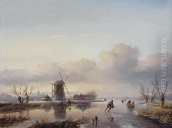 A Winter Landscape With Figures Skating On A Frozen Waterway Oil Painting by Jan Jacob Coenraad Spohler