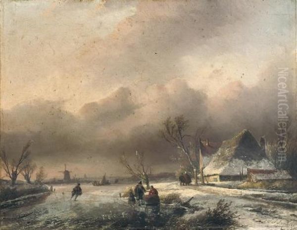 A Dutch Winter Landscape With Villagers On The Ice Oil Painting by Jan Jacob Coenraad Spohler