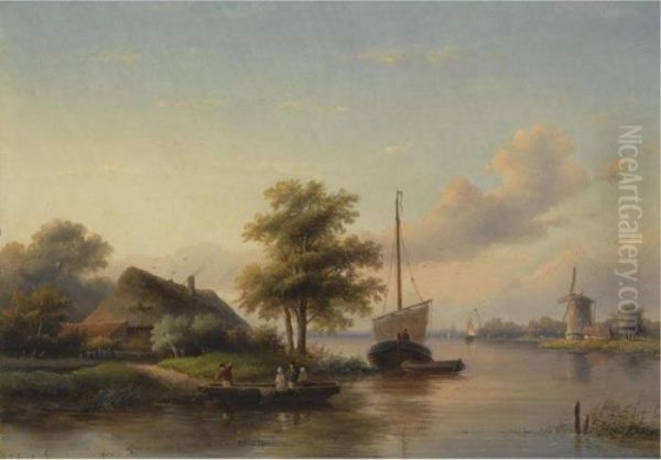 Figures In A River Landscape Oil Painting by Jan Jacob Coenraad Spohler