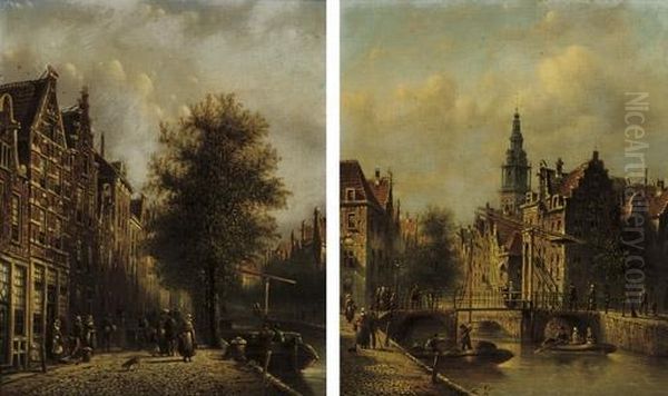 Before A Bridge In Haarlem; And A Busy Street By A Canal, Haarlem Oil Painting by Jan Jacob Coenraad Spohler