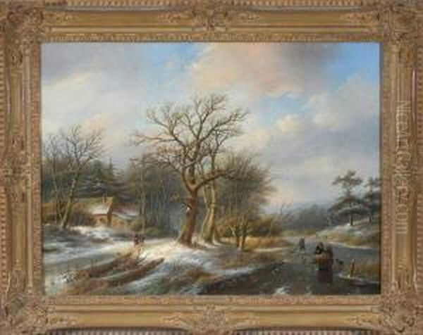 Winterlandschaft Mit Einigen 
Holzsammlern Und Einem Eisfischer Am Waldrand Bei Einem Gehoft Am 
Gefrorenen Bachlauf Oil Painting by Jan Jacob Coenraad Spohler