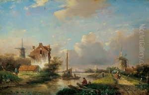 Flusslandschaft Mit Windmuhlen Oil Painting by Jan Jacob Coenraad Spohler