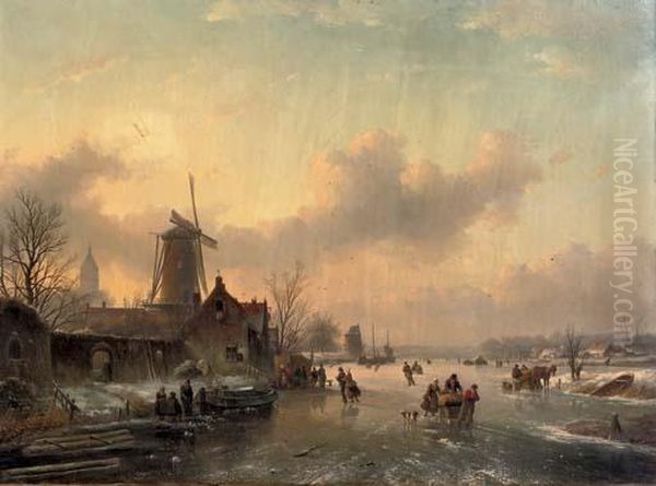 Winterfun: Numerous Skaters On A Frozen Waterway Oil Painting by Jan Jacob Coenraad Spohler