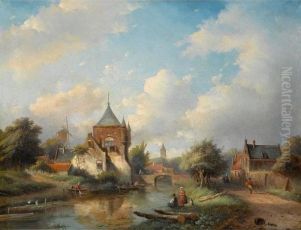 A Summer Landscape With Figures Along The River Side Oil Painting by Jan Jacob Coenraad Spohler