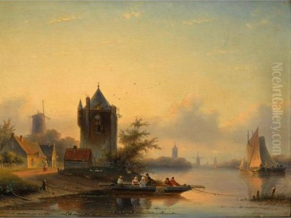 A Summer Landscape With A Ferry Crossing A River Oil Painting by Jan Jacob Coenraad Spohler