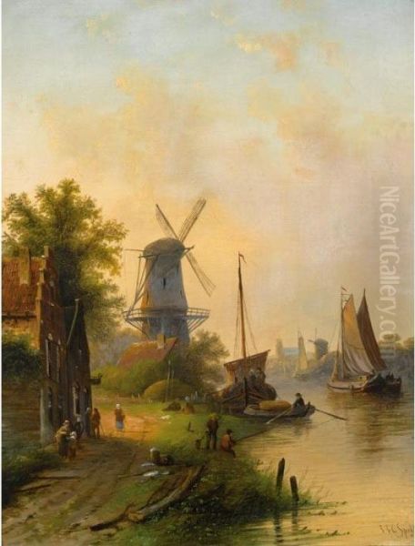 A River Landscape With A Windmill; Skaters On A Frozen River (a Pair) Oil Painting by Jan Jacob Coenraad Spohler