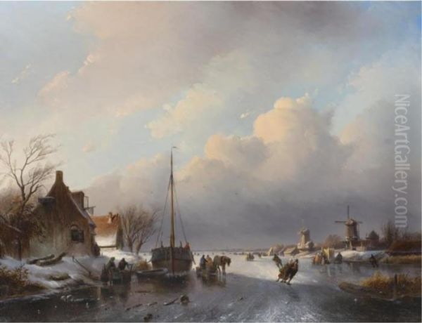 Winterscape With Skaters Oil Painting by Jan Jacob Coenraad Spohler