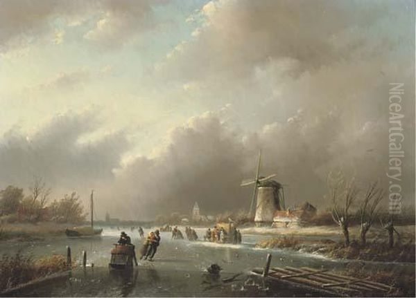 Ice-skating On A Frozen River In Winter Oil Painting by Jan Jacob Coenraad Spohler