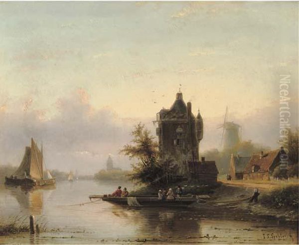 Taking The Ferry On A Summer's Day Oil Painting by Jan Jacob Coenraad Spohler