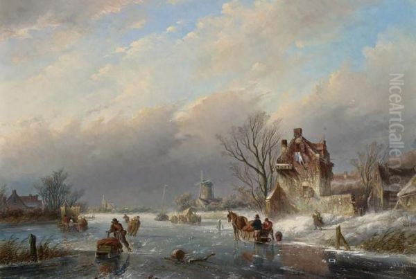 Figures On The Ice In A Winter Landscape Oil Painting by Jan Jacob Coenraad Spohler