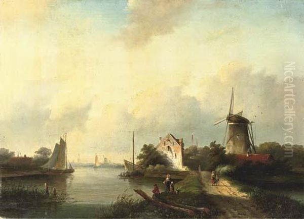 A Summer's Day Along A Waterway Oil Painting by Jan Jacob Coenraad Spohler