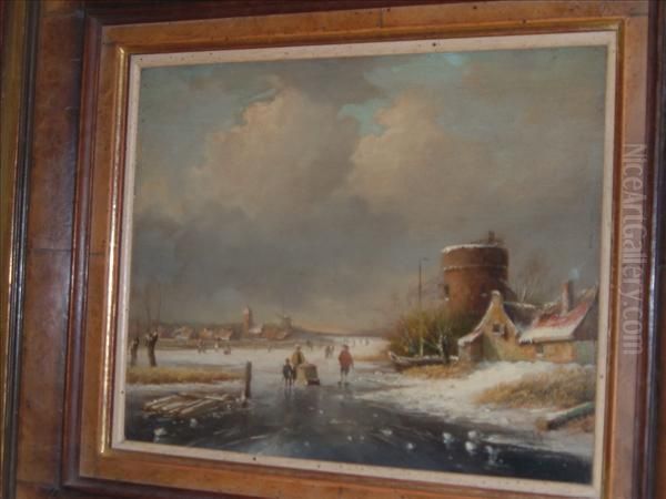 A Dutch Winterlandscape Oil Painting by Jan Jacob Coenraad Spohler