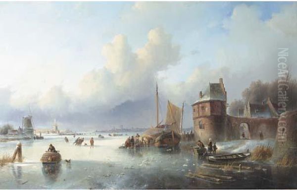 A Winter Landscape With Numerous Skaters On A Frozen Waterway, Dordrecht In The Distance Oil Painting by Jan Jacob Coenraad Spohler