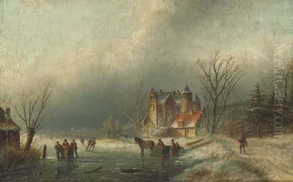 A Winter Landscape With Figures On A Frozen River Oil Painting by Jan Jacob Coenraad Spohler