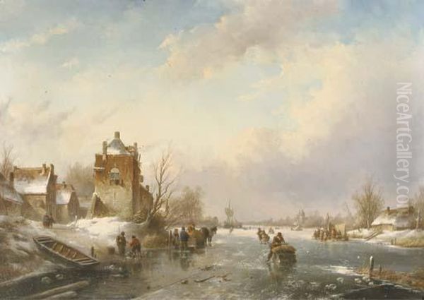 A Winter Landscape With Skaters, A Koek En Zopie Beyond Oil Painting by Jan Jacob Coenraad Spohler