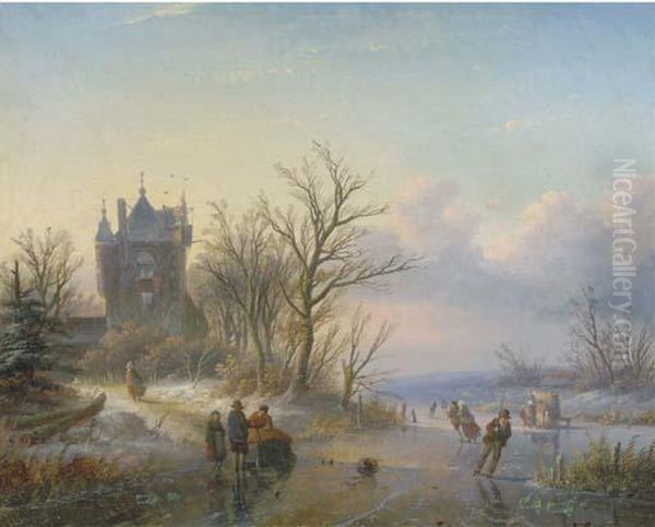 A Sunny Winter's Day With Skaters By A Castle Oil Painting by Jan Jacob Coenraad Spohler