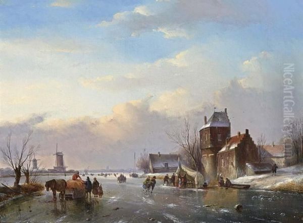 Skaters On A Frozen Water Way Near A Koek En Zopie Oil Painting by Jan Jacob Coenraad Spohler