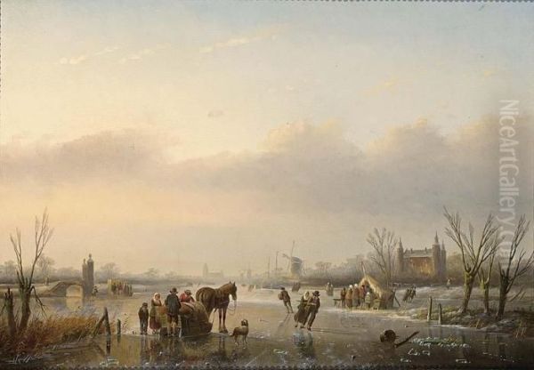 Horse And Sledge On A Frozen 
Waterway A A'koek En Zopiea' In The Distance Oil Painting by Jan Jacob Coenraad Spohler