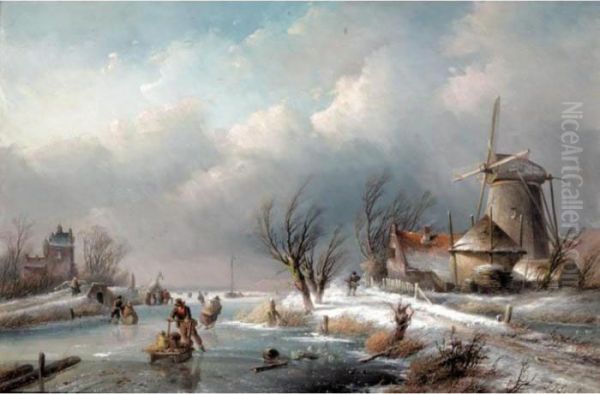 Skaters On A Frozen River Oil Painting by Jan Jacob Coenraad Spohler