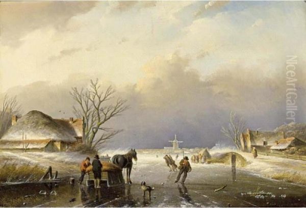 A Horse-sledge On A Frozen Waterway Oil Painting by Jan Jacob Coenraad Spohler